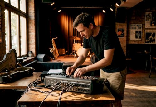 Live-Musik einbinden Schritt für Schritt: Dein Leitfaden 5 Ein Tontechniker stellt im Jazzclub das Mischpult ein, während auf der Bühne Saxofon, Schlagzeug und Live-Musiktechnik bereitstehen.