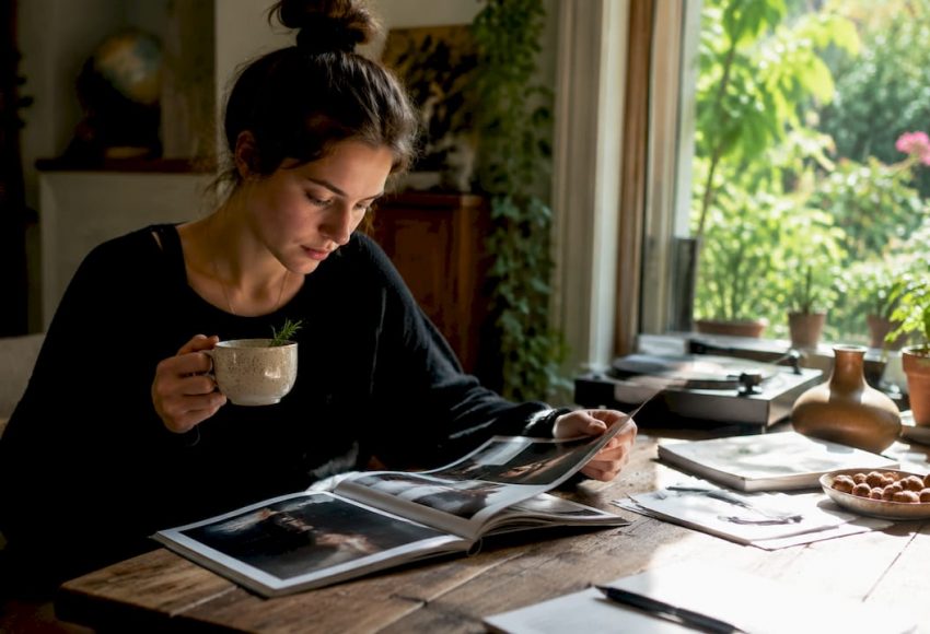 Eventmusik Auswahl Guide für Hochzeiten und Feiern 10 Eine Frau mit Tasse blättert am Holztisch durch Magazine und Unterlagen, während sie bei Tageslicht ihre Hochzeitsmusik plant.