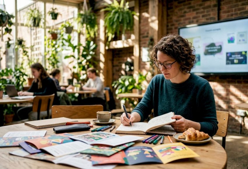 Was sind Corporate Events? Der Leitfaden 2026 6 Eine Frau mit Brille schreibt Notizen in ein Heft, während im hellen Raum mit Pflanzen und Präsentationsscreen eine kreative Planung läuft.